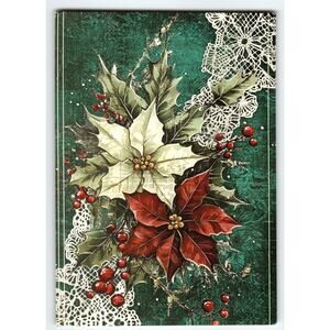 Vintage Christmas Lithograph Postcard Poinsettias & Holly 5.5x4"